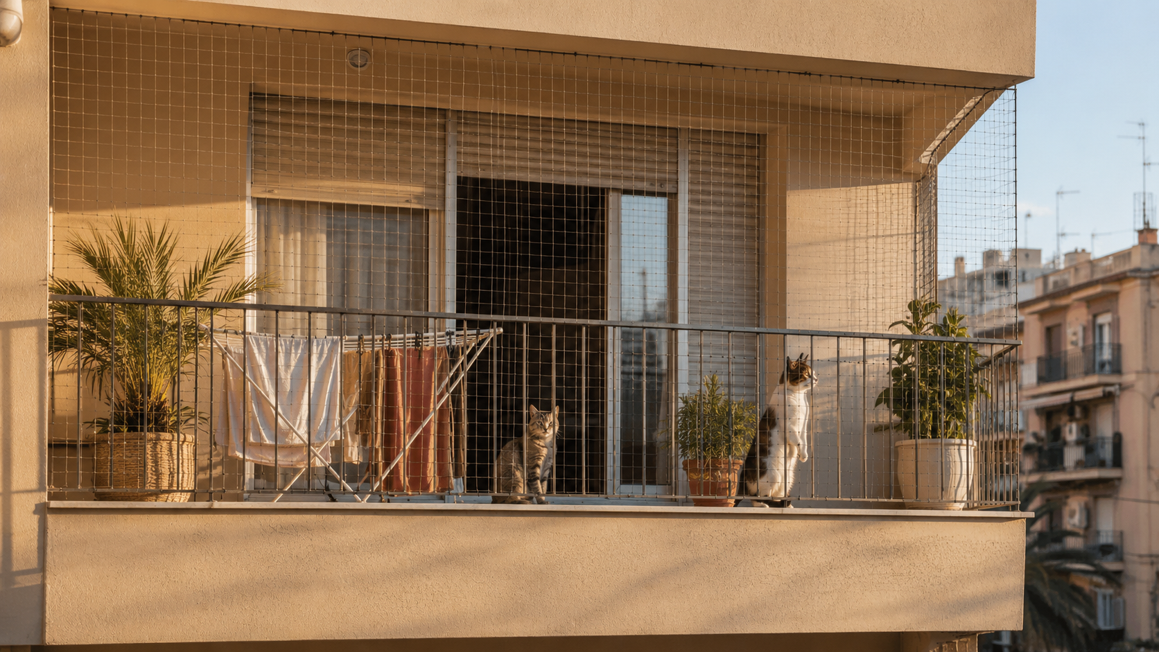 Balcón de piso con red anticaídas para gatos en Valencia