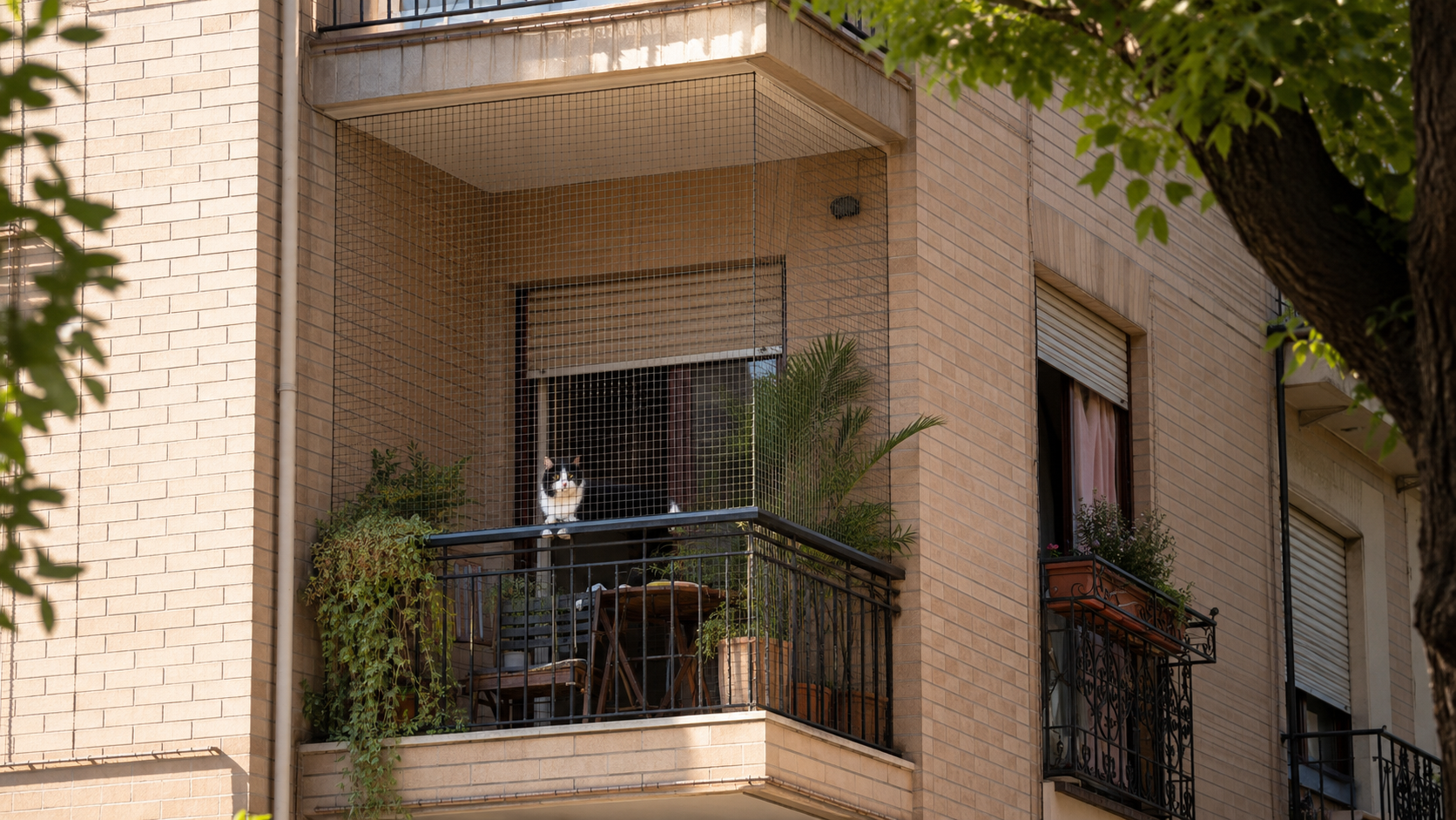 Malla de protección para dos gatos en balcón de Valencia